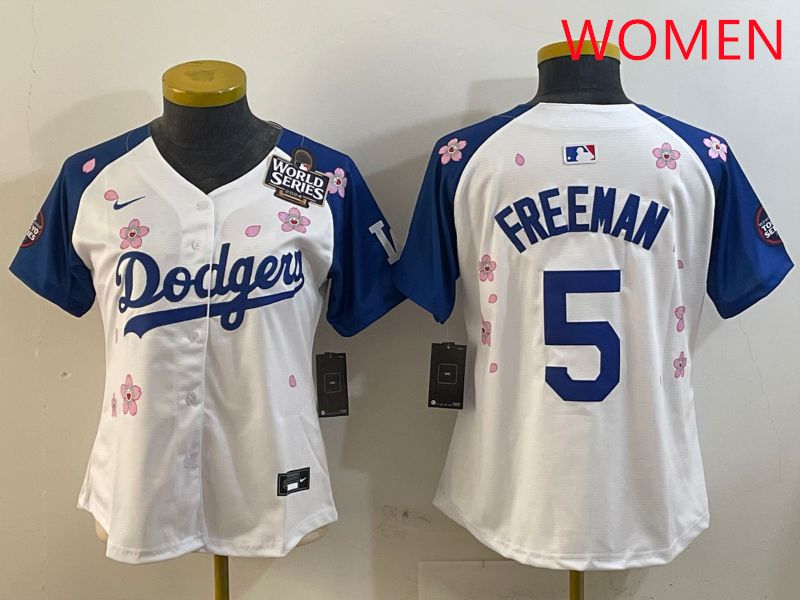Women Los Angeles Dodgers #5 Freeman White Blue Sakura Edition 2025 Nike MLB Jersey style 3->women mlb jersey->Women Jersey